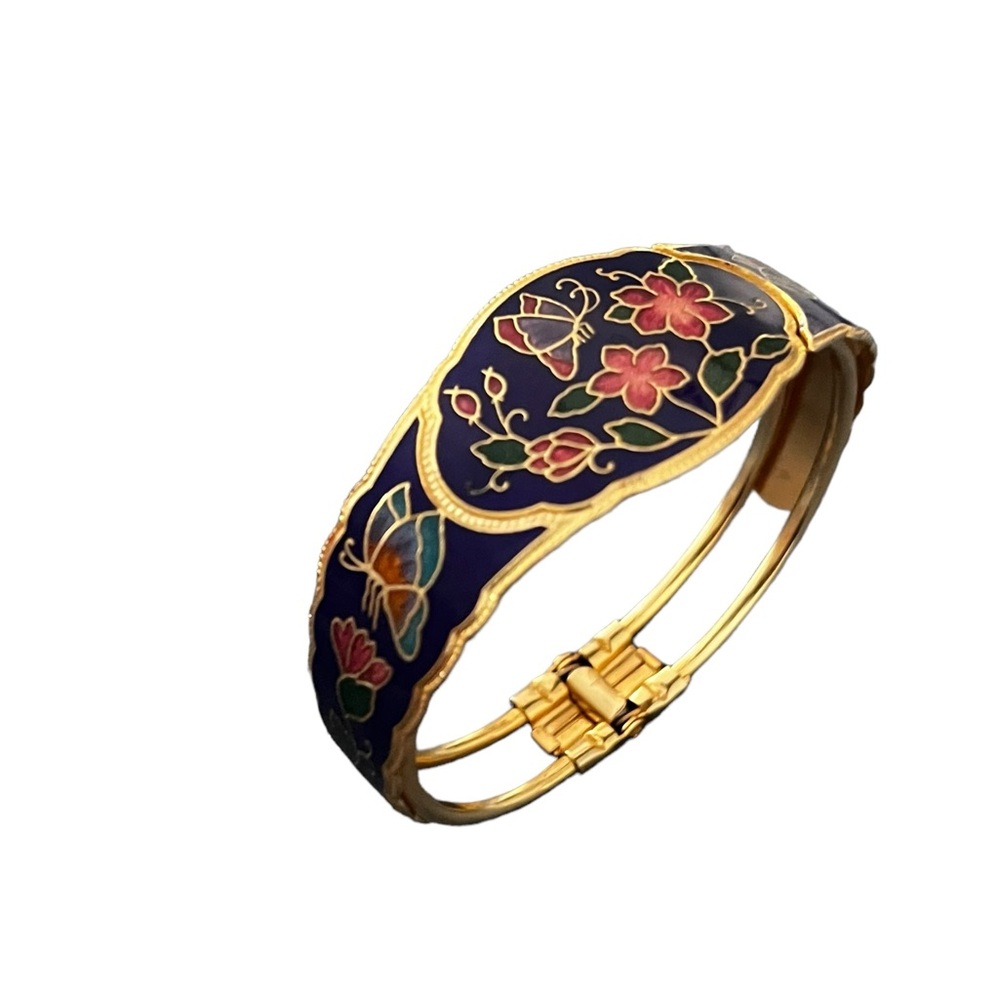 Vtg Enamel Flower Butterfly Multicolor Cloisonné Gold Tone Bracelet Cuff Bangle - Picture 2 of 12